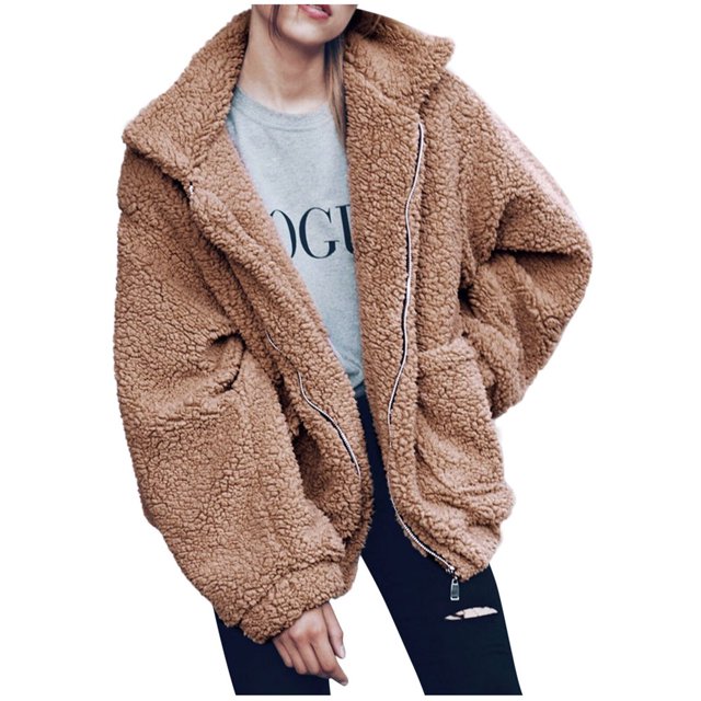 Ladies Loose Plush Long Sleeve Zipper Pullover Pocket Color Sweater Coat