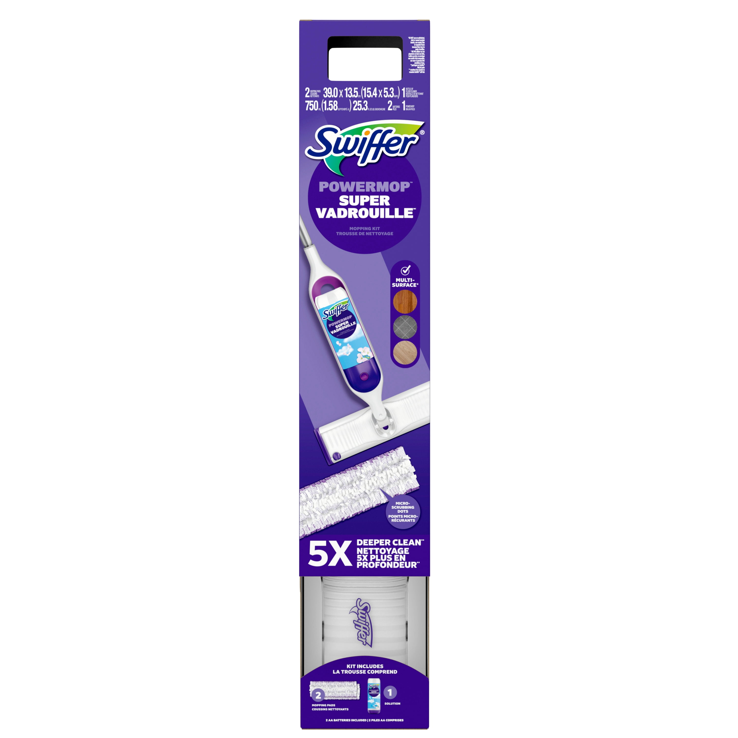Swiffer PowerMop Multi-Surface Mop Kit for Floor Cleaning, Fresh Scent, Mopping Kit Includes PowerMop, 2 Mopping Pad Refills, 1 Floor Cleaning Solution with Fresh Scent and 2 batteries