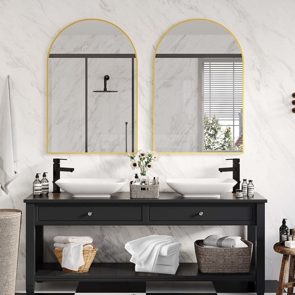 Miroir de Salle de Bain Moderne à Arche – Cadre en Métal Aluminium Bord Doré, Verre Trempé 5 mm, Résistant à la Rouille, Facile à Accrocher Ou à Appuyer, pour Salle de Bain, Chambre, Salon, Entrée – Bord 16 X 24 Po