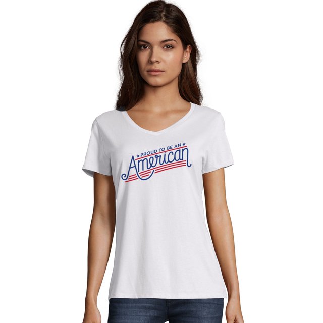 Hanes Womens Short Sleeve V-Neck Tee, M, Proud AmericanWhite