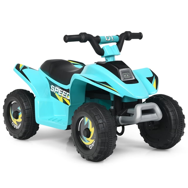 Costway 6V Kids Electric Quad ATV 4 Wheels Ride On Toy for Toddlers in blue. Features a realistic ATV design with four sturdy wheels for stability, a wide contoured seat for comfort, and a kids-friendly handlebar. The ride-on toy includes forward and reverse modes, powered by a rechargeable 6V battery. Suitable for children aged 3 and up, it can be used on various surfaces such as wood floors, cement, and asphalt. The durable PP and iron construction ensures long-lasting use. Dimensions are 28.5 inches long, 15.5 inches wide, and 18 inches high, with a maximum weight capacity of 66 lbs.