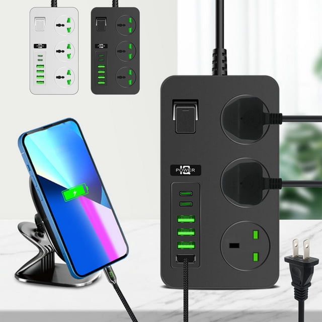 Vaidha 3 Outlets Power Strip Surge Protector with black ABS construction, three universal outlets, and six USB ports. Features a 78.7-inch extension cord, individual on/off switches, and built-in overload and surge protection. Ideal for office, dorm room, or home use. Compact, wall-mountable design for convenience.