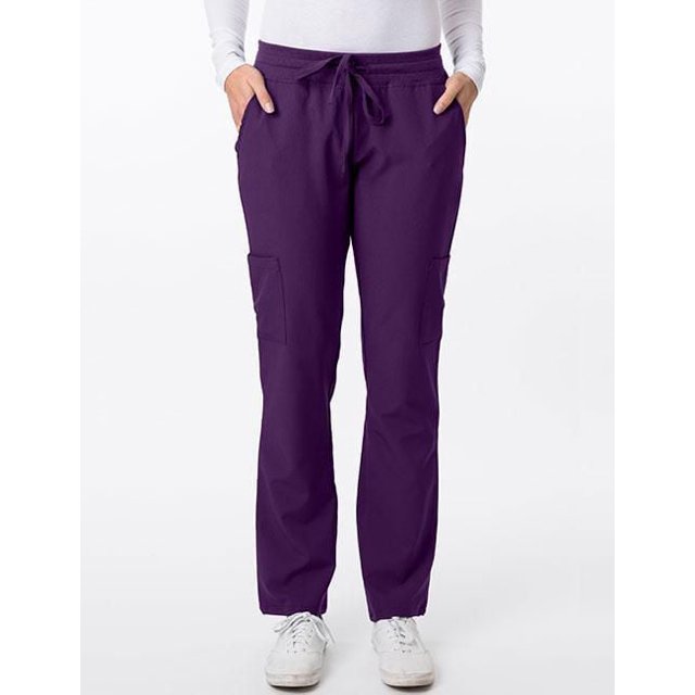 Greentown Canada 4Flex 2200 Scrub Pant in deep purple with modern straight leg fit, rib stretch waistband, drawstring closure, moisture-wicking fabric, two slash pockets, and two cargo pockets, styled with white top and shoes on a white background.