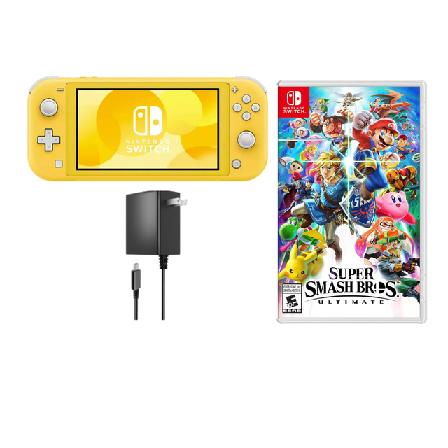 Nintendo Switch Lite Handheld Console Yellow Refurbished Bundle with Super Smash Bros. Ultimate Game