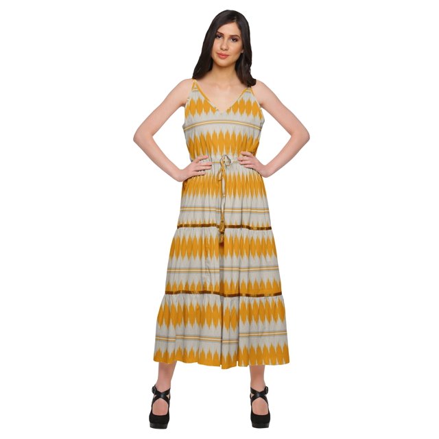 Moomaya Robe Longue Maxi pour Femmes en Coton Imprimé à Bretelles Spaghetti et Col en V