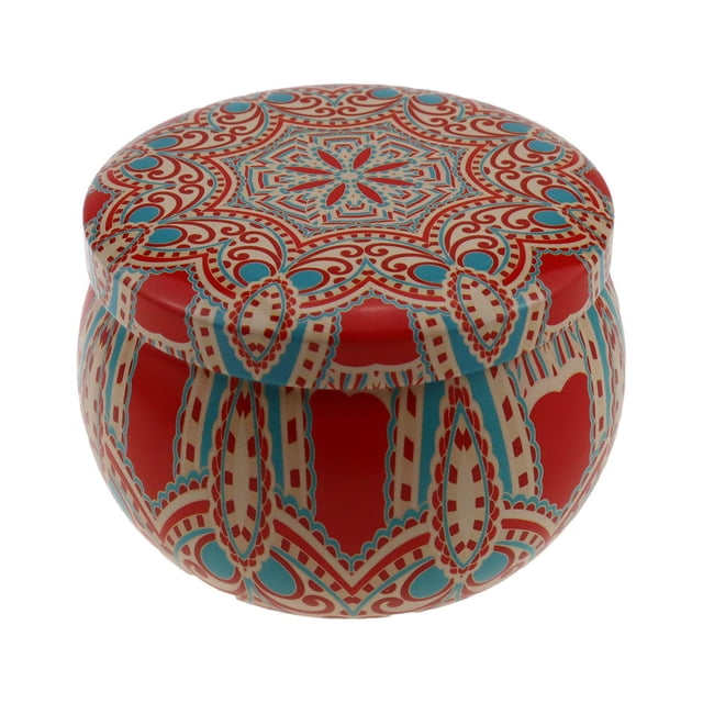 Chandelles Parfumées Scented Candles Gift Set Aromatherapy Candle Gift Set in a vibrant jar with red, blue, and beige intricate patterns. This soy wax candle is ideal for home aromatherapy, stress relief, and gifting on special occasions like birthdays or Mother’s Day.