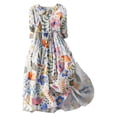 thumbnail image 1 of Pisexur Robes d'Été pour Femmes Mode Bohème à Imprimé Floral Robe Maxi Tunique Décontractée Taille Élastique Robe Soleil Col Rabattu Boutonnée Longue Robe Manches 3/4 Col en V Fluide Coton Lin Robe de Plage, 1 of 4
