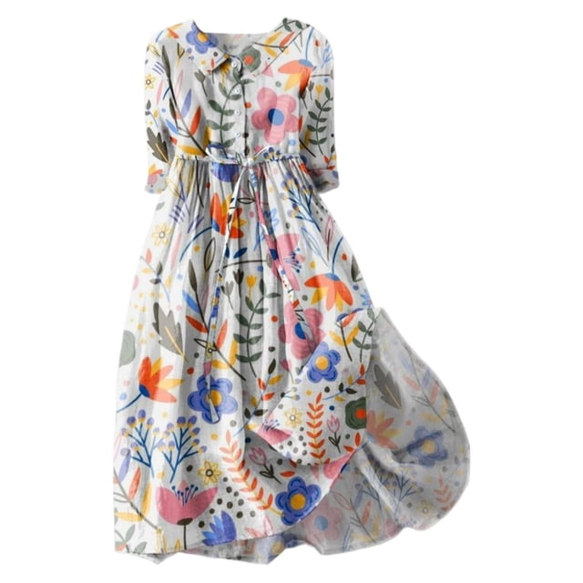 Pisexur Robes d'Été pour Femmes Mode Bohème à Imprimé Floral Robe Maxi Tunique Décontractée Taille Élastique Robe Soleil Col Rabattu Boutonnée Longue Robe Manches 3/4 Col en V Fluide Coton Lin Robe de Plage