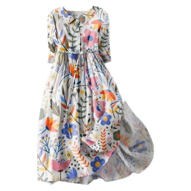 Pisexur Robes d'Été pour Femmes Mode Bohème à Imprimé Floral Robe Maxi Tunique Décontractée Taille Élastique Robe Soleil Col Rabattu Boutonnée Longue Robe Manches 3/4 Col en V Fluide Coton Lin Robe de Plage