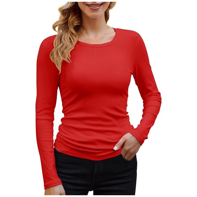 Hiiyo T-Shirt à Manches Longues à Col Rond pour Femme Grande Taille, Uni, Décontracté, Ajusté, sous-Vêtement, Rouge TTTG