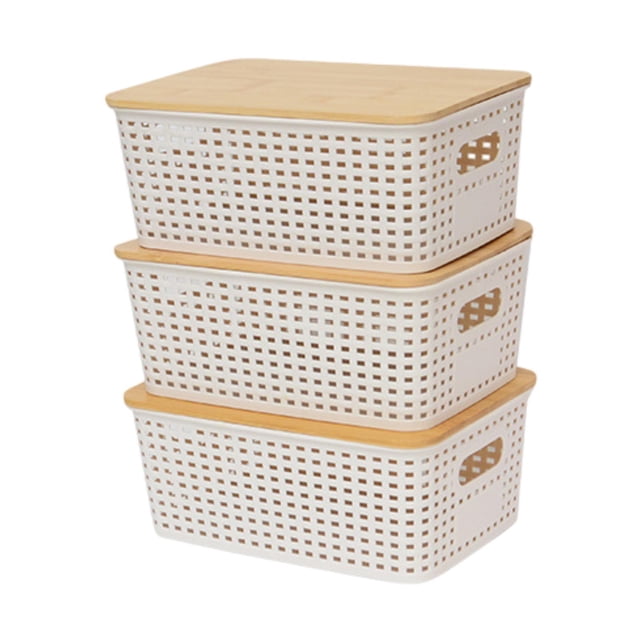 DOLITY 3x Storage Bins with Bamboo Lids Storage Basket for Tabletop Kitchen Cabinet White