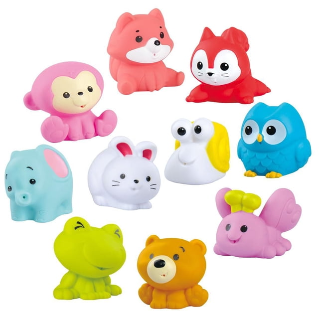 Parent's Choice Splash 'N Squirt Bathtime Toys set includes 10 soft, BPA-free forest animal bath toys such as a pink monkey, red fox, orange bear, blue owl, white rabbit, yellow snail, green frog, blue elephant, red squirrel, and pink butterfly, designed for children 6 months and up to develop fine motor skills and sensory stimulation during bath time.