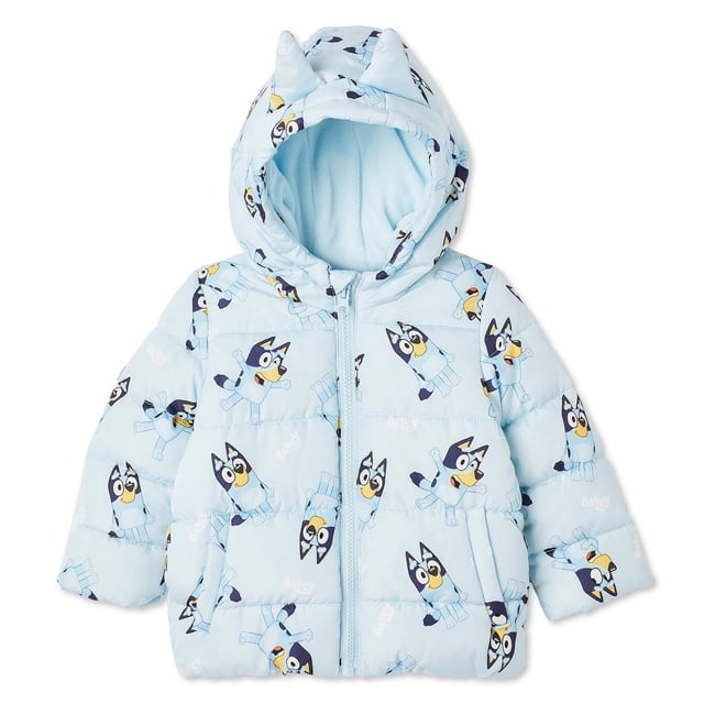 Bluey Baby Boys' Puffer Jacket in light blue polyester with an all-over Bluey print, hood with ear appliques, long sleeves, full-zip front, and kangaroo pockets, ideal for layering over bodysuits or sweaters to keep baby boys warm during chilly days.
