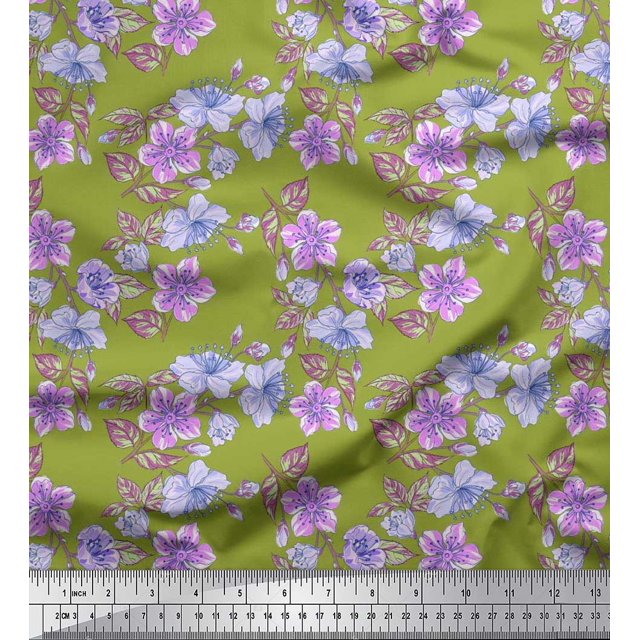 Soimoi Modal Satin Fabric Leaves & Buttercup Floral Print Sewing Fabric Yard 42 Inch Wide