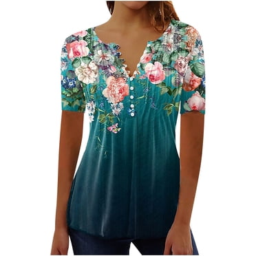 Jsaierl Hauts pour Femmes Chemises Grande Taille Été Plissées à Boutons T-Shirt à Col en V Décontracté Taille Empire Ligne A Tunique à Fleurs