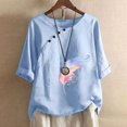 thumbnail image 2 of CHUANK Hauts pour Femmes en Liquidation à Moins de 10$ Hauts pour Femmes Décontractés Printemps Été Manches Longues Coton Lin Imprimé Graphique Pissenlit Col Rond Blouses Vintage Grande Taille, 2 of 6