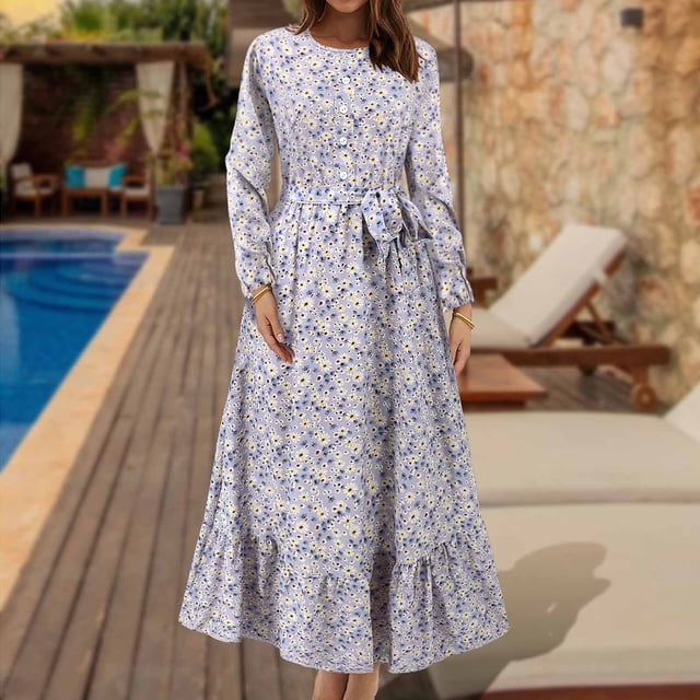 Ovzne Robes Grande Taille pour Femmes aux Formes Robe Mode Femmes Imprimé Floral Col Rond à Lacets Boutonnage Manches Longues Fermeture à Glissière à Lacets Robe à Taille Rétractable Robe de Printemps à Manches Longues Imprimée