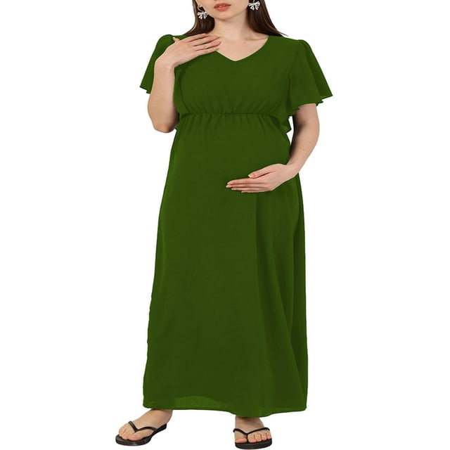 Robe de Maternité à Manches Courtes pour Femmes, Couleur Unie, Col en V, Robe Longue Décontractée