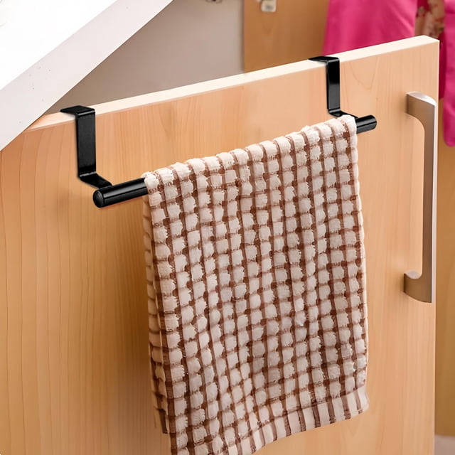 Tyidzon stainless steel towel rack for kitchen and bathroom use, featuring a space-saving, cabinet-mounted design. The double-layer structure with ventilated spacing ensures faster towel drying. Made of rust-proof stainless steel with a sleek black finish, it has circular edges to prevent towel damage. A checkered towel is draped over the bar, showcasing its functionality in compact spaces.