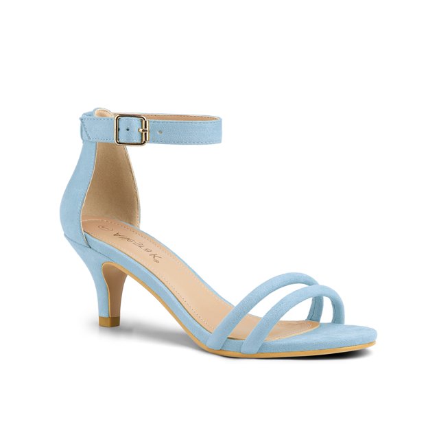 BLISSFUL STEP Women's Shoes Faux Suede Ankle Strap Kitten Heel Slide Straps Solid Sandals Sky Blue 9