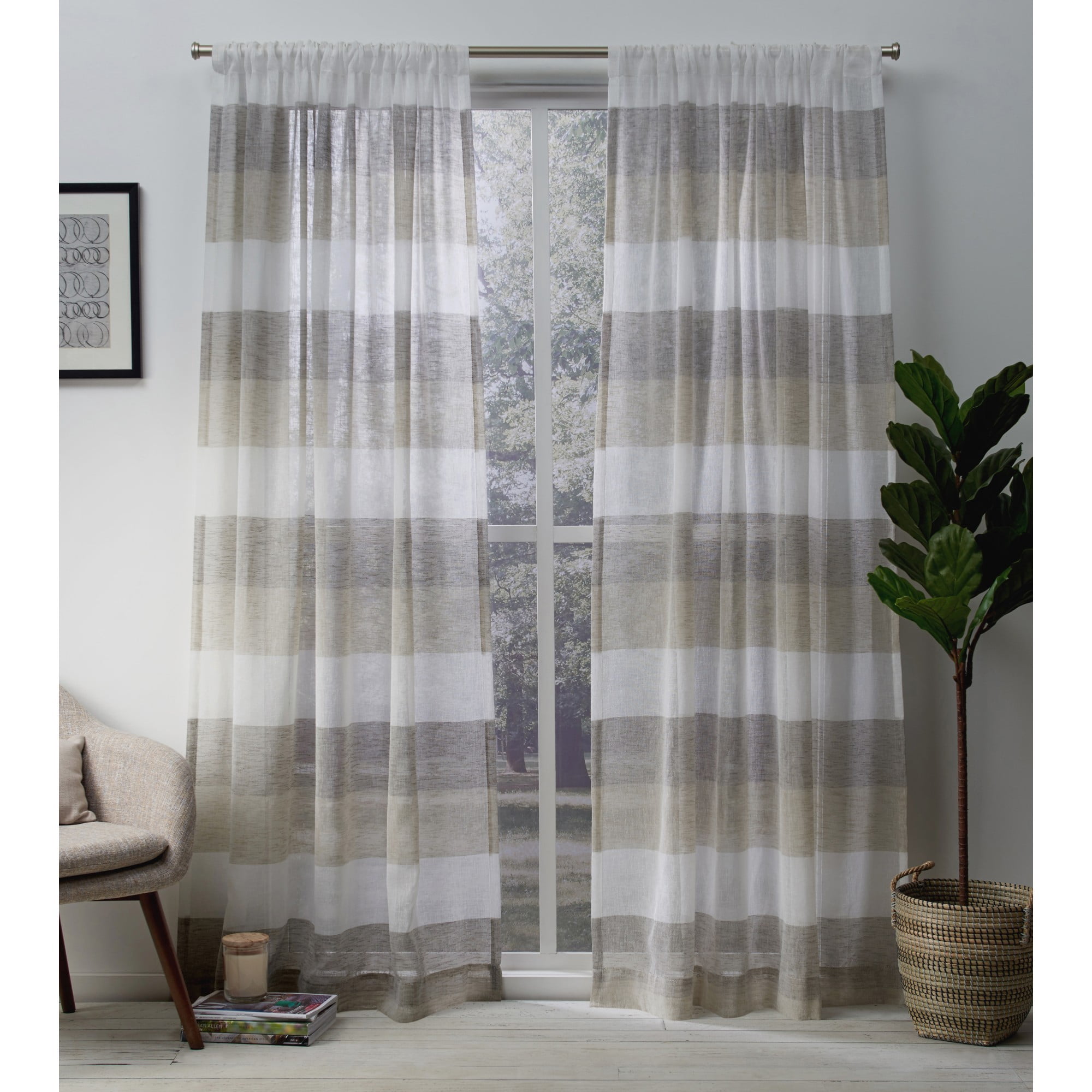 Exclusive Home Curtains Bern Striped Sheer Rod Pocket Panel Pair, 50x84, Natural, 2 Count