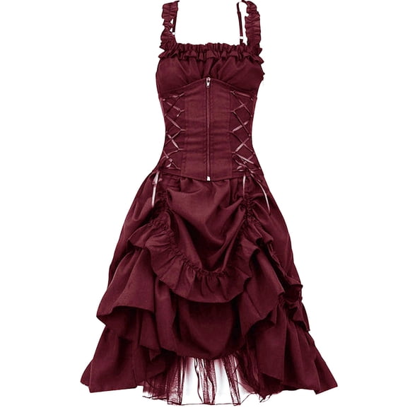 Pirate Corset Dress Women Sleeveless Ruched Layered Dress Wide Thick Strap Tank Top Midi Dresses Steampunk Goth Clothes