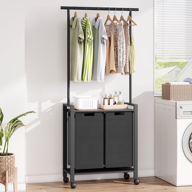 Laundry Sorter Rolling Cart with Garment Rack Hanging Rod,Pull-Out and Removable Oxford Fabric Laundry Baskets
