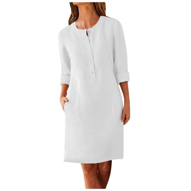CHOK Robe-Chemise pour Femmes en Coton et Lin à Rayures, Col, Manches Longues, Décontractée, Ample, Maxi, avec Deux Poches