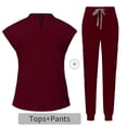 thumbnail image 2 of Ensemble de Sarraus pour Femmes, Haut de Sarrau Extensible à Col Montant et Pantalon Jogger à Cordon avec Multiples Poches, Anti-Froissement, Uniforme de Travail Infirmier, Ensemble à Col Montant, Uniforme Confortable, Bourgogne, 2 of 5