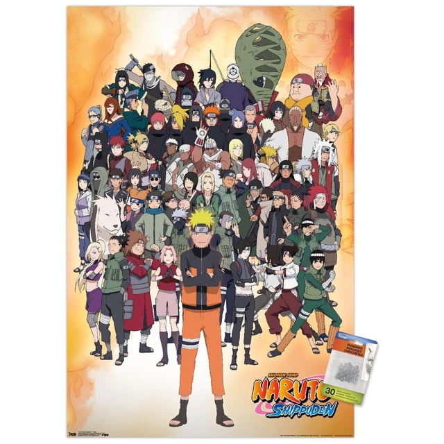 Naruto Shippuden - Affiche Murale de Groupe, 22,375 Po x 34 Po Présentant une Impression Lustrée à Haute Résolution de Naruto Uzumaki et de Multiples Personnages de la Série dans Diverses poses sur un Fond orange Ardent, Parfaite pour la Déco de la Maison, les Bureaux, les Résidences Étudiantes et les Fêtes à Thème.