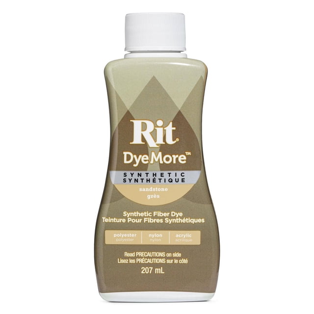 Rit Dyemore Teinture Liquide pour Fibres Synthétiques Couleur Grès, Bouteille de 207 ml avec Bouchon Blanc, Formulée pour Teindre des Tissus Synthétiques comme le polyester, le nylon et l'Acrylique, avec Texte Bilingue Anglais et Français, Convient à l'Artisanat des Tissus et à la Teinture textile sur Mesure.