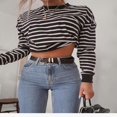 thumbnail image 4 of Women Sweater Long Sleeve Solid Color/Striped Crop Loose Pullover  Neck Top, 4 of 6