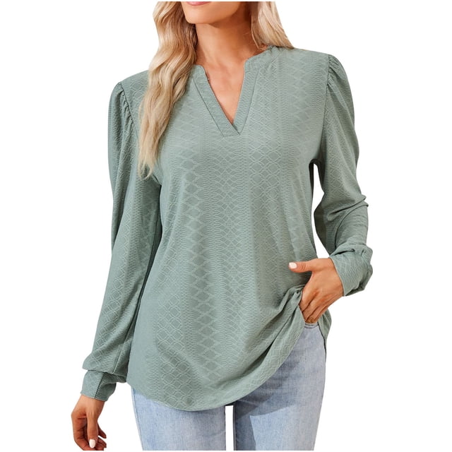 KIHOUT Spring Winter Womens Tops Fashion Solid Color V-Neck Long Sleeve Loose T-shirt Top Blouse