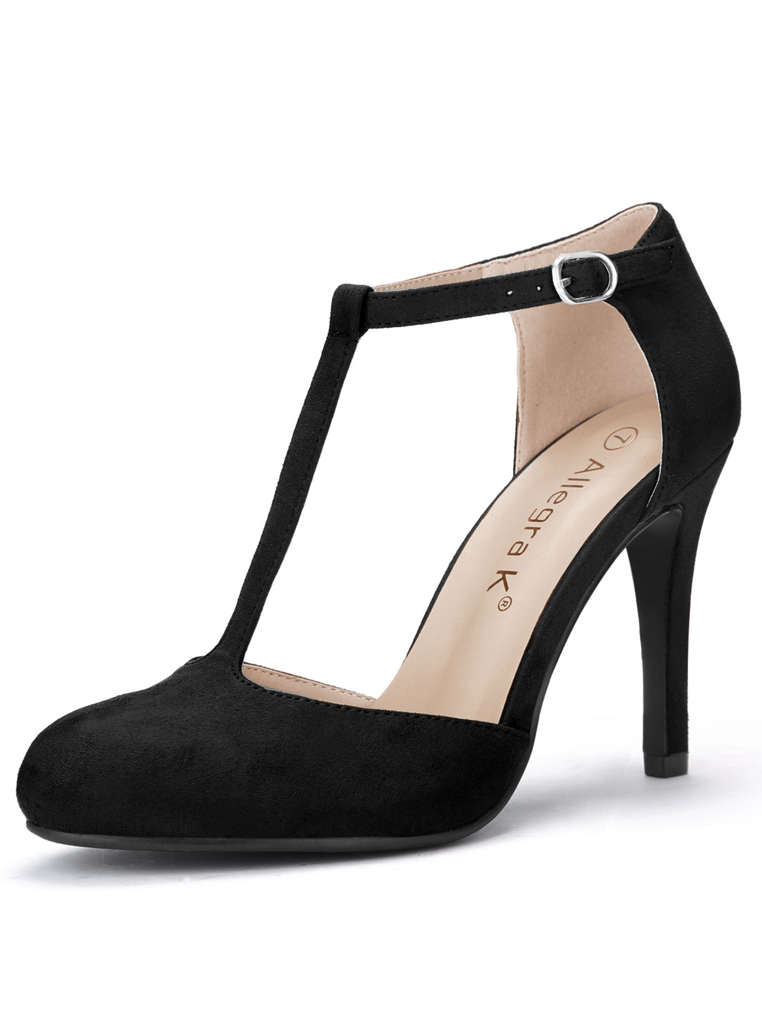 BLISSFUL STEP Chaussures pour Femmes Bout Rond Talon Aiguille Sandales à Bride en T Noir 5,5