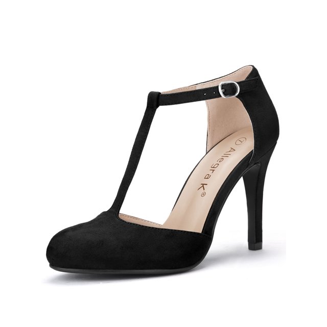 BLISSFUL STEP Chaussures pour Femmes Bout Rond Talon Aiguille Sandales à Bride en T Noir 5,5