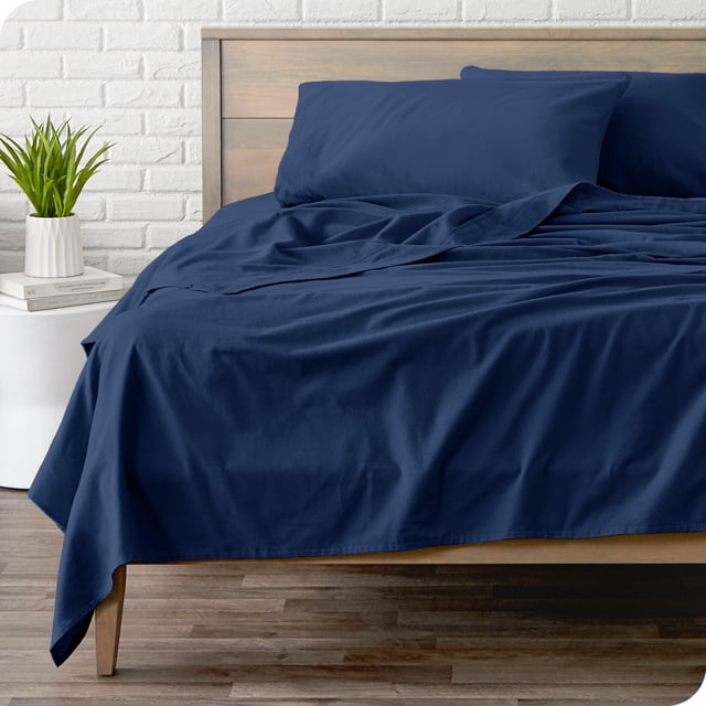Bare Home Flannel Sheet Set - 100% Cotton - Deep Pocket - Twin, Dark Blue, 3-Pieces