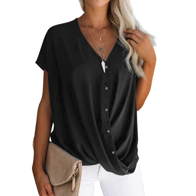 Women Solid Color V Neck Batwing Sleeve Cross Drape Front Buttons T-Shirt