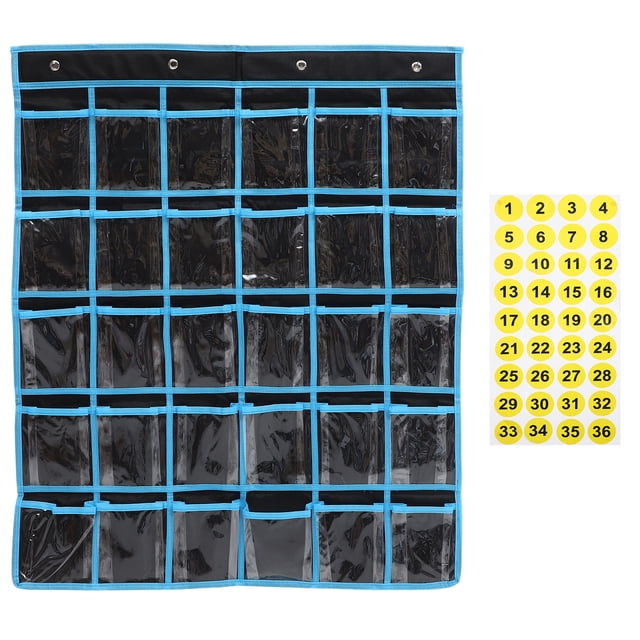 Classroom Phone Holder Classroom Cellphone Organizer Wall Phone Pocket Chart for Classroom featuring a black non-woven fabric design with 36 transparent PVC pockets outlined in blue trim. Includes numbered yellow stickers for easy organization. Ideal for storing cell phones, calculators, chargers, and other personal items in classrooms, offices, or dormitories.