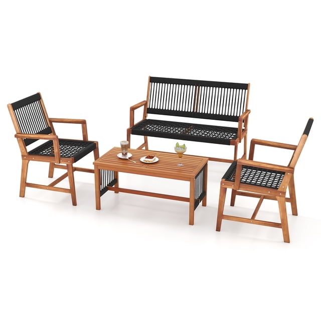 Gymax Ensemble de Conversation 4 Pcs en Bois d'Acacia Causeuse, Chaise et Table pour Patio