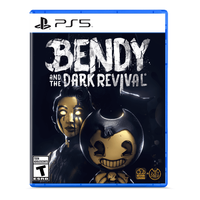 Bendy and the Dark Revival (PS5) Boîte d'Art de Jeu d'Horreur de Survie à la Première Personne, Vue avant Centrée avec Texte de Titre Audacieux, silhouette de Dessin Animé à Tuyau en Caoutchouc monochrome et Graphiques à Éclaboussures d'Encre Noire sur un Fond d'Animation Studio Sombre et Déformé; logo Interactif Silver Lining visible, Impliquant Furtivité, Casse-Têtes et Menace de Démon ink.