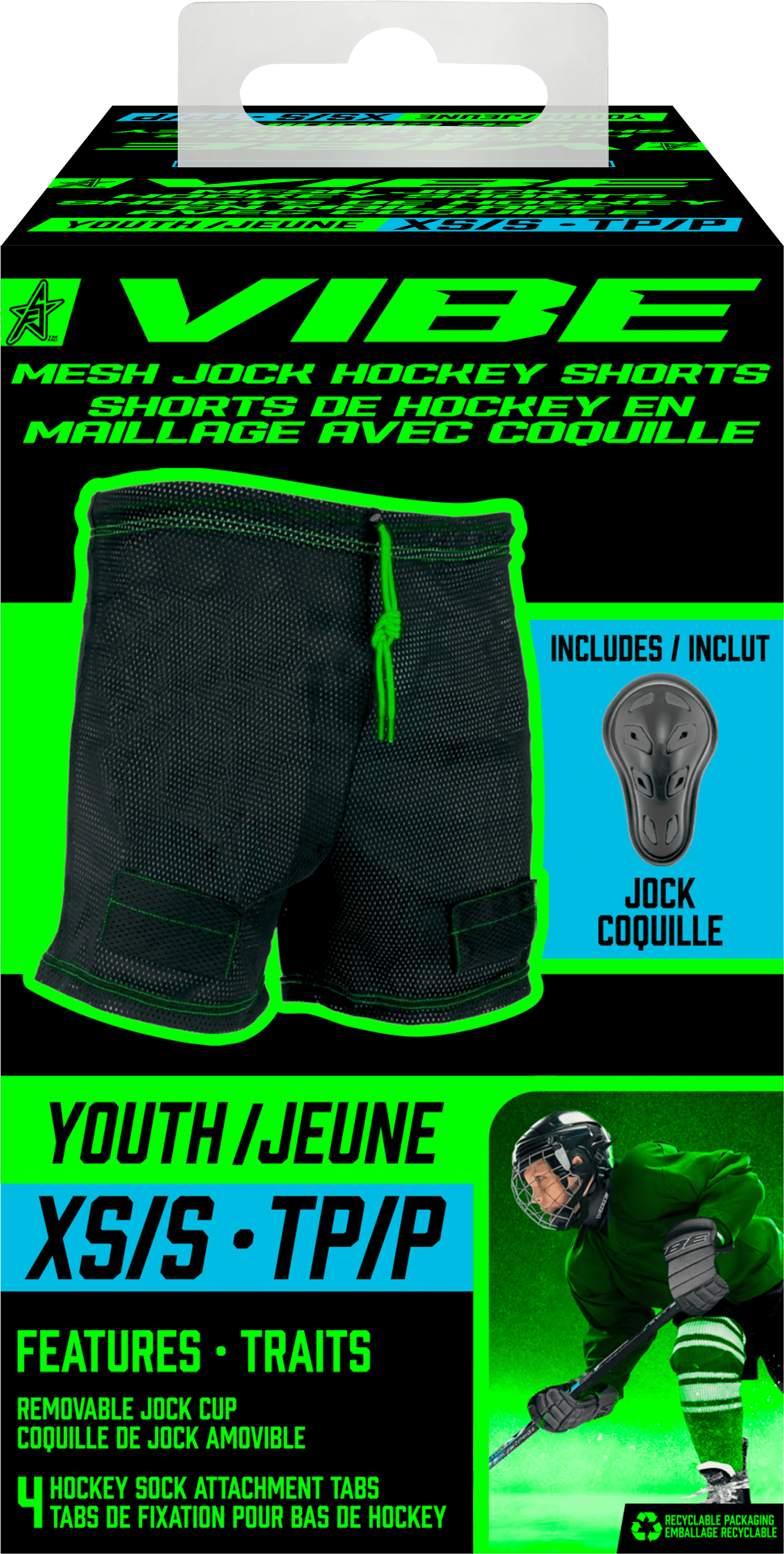 VIBE Youth Hockey Jock Mesh Shorts with Cup and Sock Tabs – Medium/Large