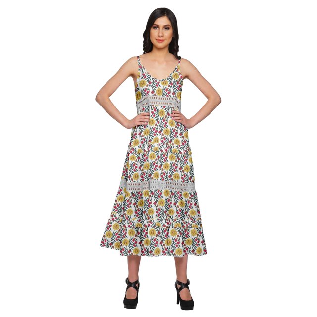 Moomaya Robe Longue Maxi Imprimée pour Femmes Sans Manches à Col en V Décontractée Évasée Kurta