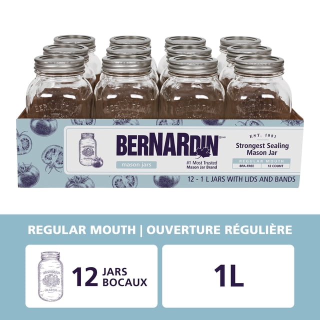 Bernardin Mason Jars, Ouverture Régulière, 1 L, Ensemble de 12 avec Douze Pots en Verre Transparent Comprenant des Couvercles et des Anneaux en Métal Argenté dans une Boîte de Marque Bleue avec des illustrations de Tomates, Convient à la Mise en Conserve, à la Conservation, à l'Artisanat et aux Cadeaux.
