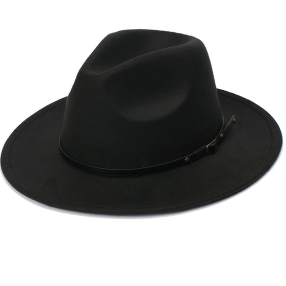Womens Fashion Classic Wide-Brim Floppy Panama Hat Belt Buckle Wool Fedora Hat