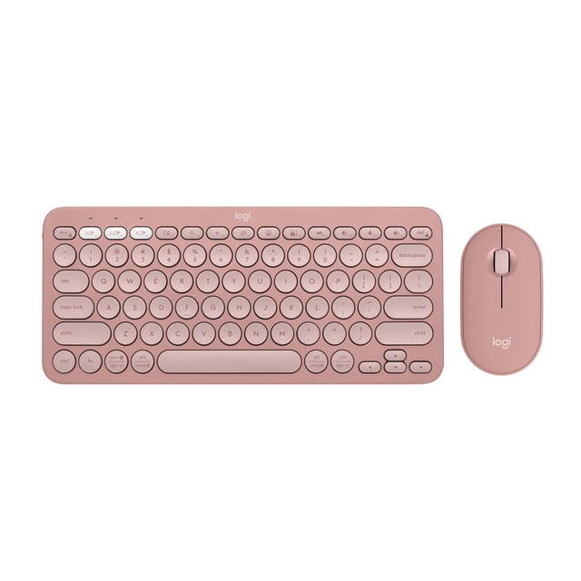 Logitech Pebble 2 Combo wireless keyboard and mouse set in tonal rose, featuring a slim, portable keyboard with round keys and a compact mouse with scroll wheel, designed for quiet typing and Bluetooth connectivity, shown from above on a white background.