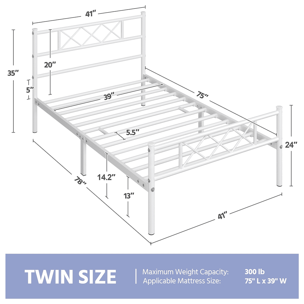 FullFurnique Cadre de Lit Plateforme en Métal Simple avec Tête et Pied de Lit, Double, Blanc