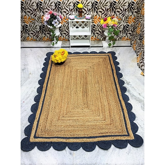 Indian Handmade Braided Natural Jute with Navy Blue Scalloped Design Area Rug, Home Décor Rug, Jute Rug for Bedroom, Dining Room, living room, Doormat Rug Size - 9' Square (270 cm x 270 cm)