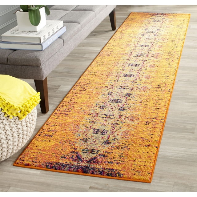 Safavieh Monaco Elsdon Tapis Abstrait pour Aire avec Motif Abstrait central orange Vif et Délavé, Polypropylène Tissé Mécaniquement avec pile à Boucles Mixtes, Exposé sur Plancher de Bois Clair à Côté du Banc Gris et pouf Tricoté avec Jeté Jaune, Idéal pour Ajouter un style Bohème Chic aux Intérieurs de la Maison.