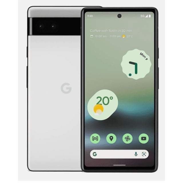 Google Pixel 6a 5G, 128GB, Chalk - white unlocked certified refurbished smartphone displayed in a front and back view. The front screen shows app icons, widgets, and a weather update, while the back highlights the white finish, Google logo, and camera bar. Powered by Google Tensor for fast performance and intelligent photography.
