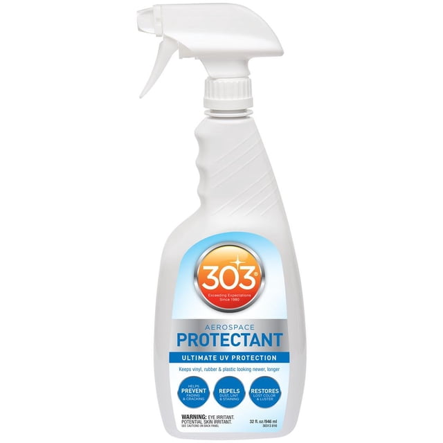 303 Vinyl Protectant 30313 Aerospace Protectant in a 32-ounce spray bottle. The bottle features a white design with a trigger spray nozzle and the 303 logo prominently displayed. Ideal for automotive maintenance, it protects vinyl, fiberglass, carbon fiber, synthetic and natural rubber, plastics, and finished leather surfaces. Provides a matte finish with no oily residue, prevents fading and cracking, restores lost color and luster, and includes powerful UV blockers. Easy to use by spraying and wiping dry.